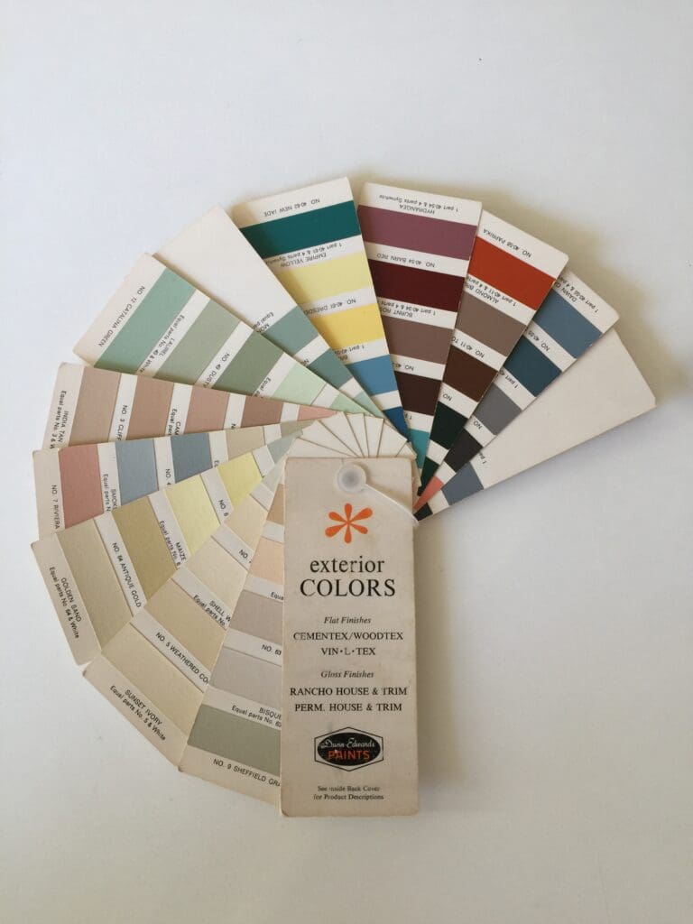 Pictured here is a Vintage Dunn Edwards Exterior Color Deck from the late 1960's. The nostalgic mid century hues reflect the connectedness, tranquility and happiness of the time. It features flat sheen stucco and gloss trim colors.