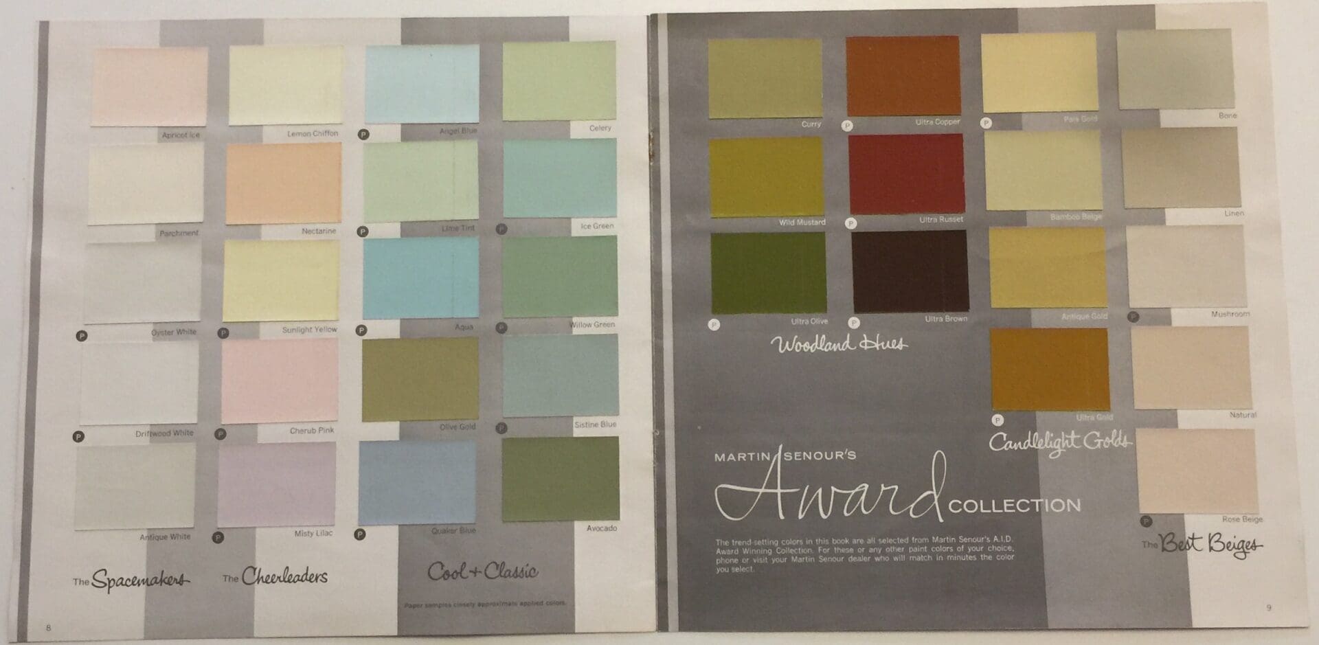 This is the Martin Senour colors of 1968 Paint Color Chart. This curated mid-century collection has warm hues and timeless appeal. Presented in six harmonized micro-palettes that range from room enlarging pastels to deep toned accents. Here is a sample of late 1960's color styling.