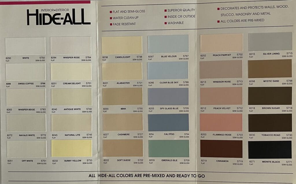 Standard Brands Hide-All Color Chart.