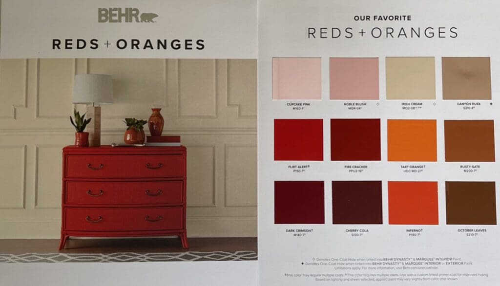 Behr | Reds & Oranges Paint Color Chart. All Los Angeles Painting Company, Inc.