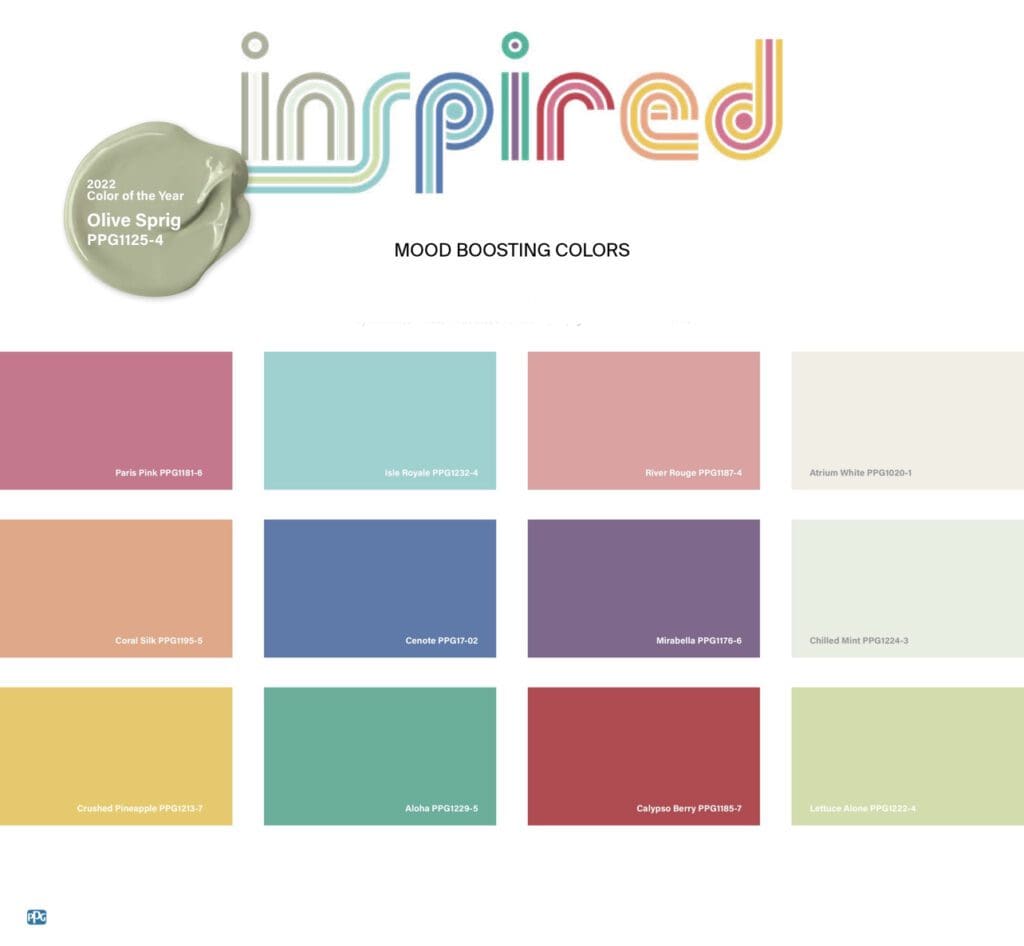 PPG Inspire palette | Mood Boosting Color Palette. All Los Angeles Painting Company, Inc.