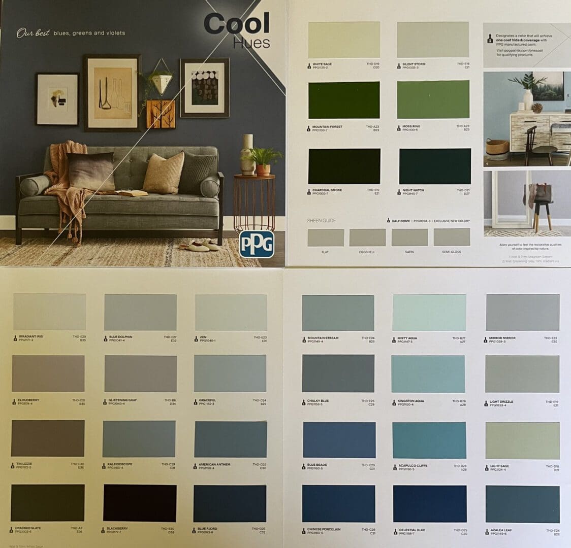 The PPG Best Blues, Greens, and Violets color chart provides calm, tranquil, and creative colors for any decorating scheme.