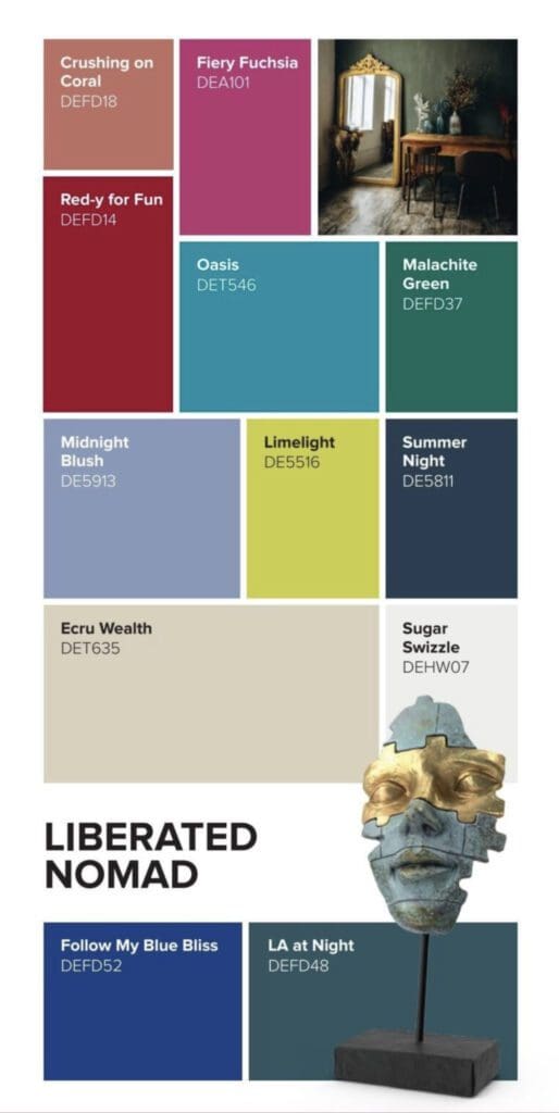 The 2023 Dunn Edwards Liberated Nomad Color Palette draws inspiration from a variety of sources such as fashion, technology, art, and current cultural trends. Its blending of influences creates a dynamic aesthetic that brings together elements from different worlds and decades.