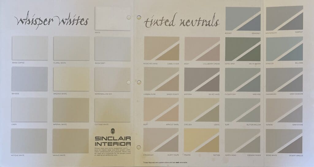 Sinclair Paint 1995 Interior Whisper Whites and Tinted Neutrals Color Chart.