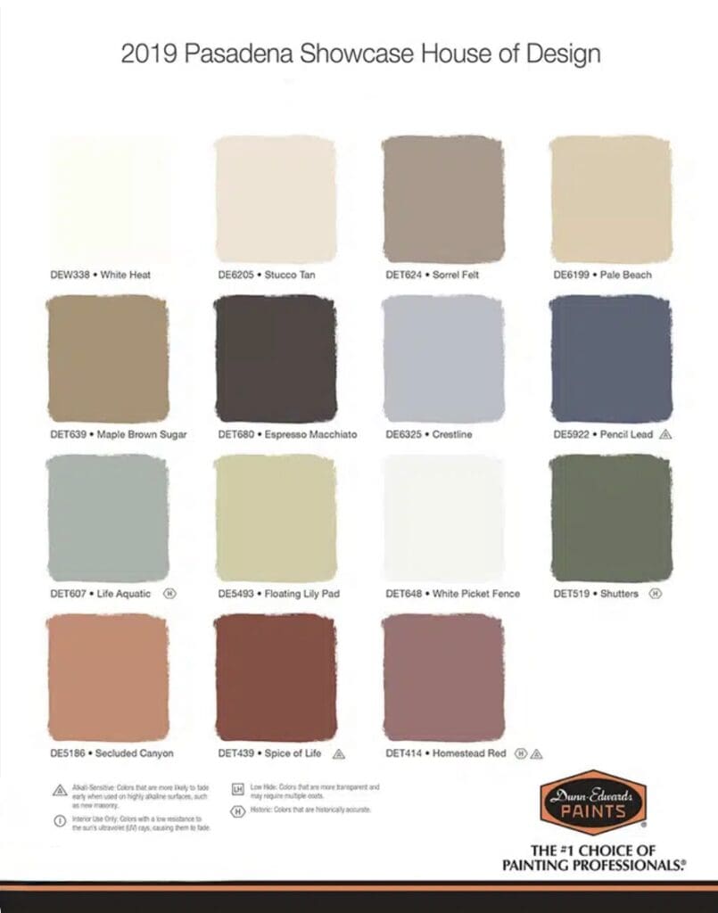 2019 Pasadena Showcase House of Design Color Palette.