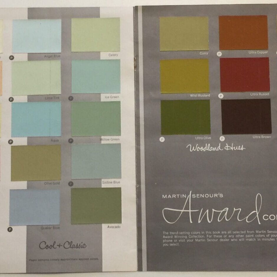 This is the Martin Senour colors of 1968 Paint Color Chart. This curated mid-century collection has warm hues and timeless appeal. Presented in six harmonized micro-palettes that range from room enlarging pastels to deep toned accents. Here is a sample of late 1960's color styling.