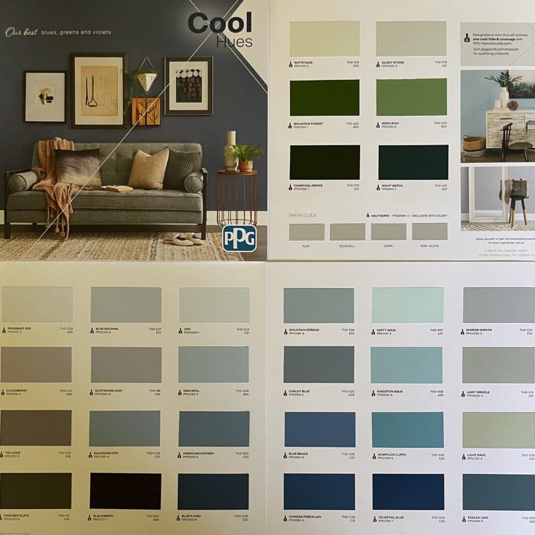 The PPG Best Blues, Greens, and Violets color chart provides calm, tranquil, and creative colors for any decorating scheme.